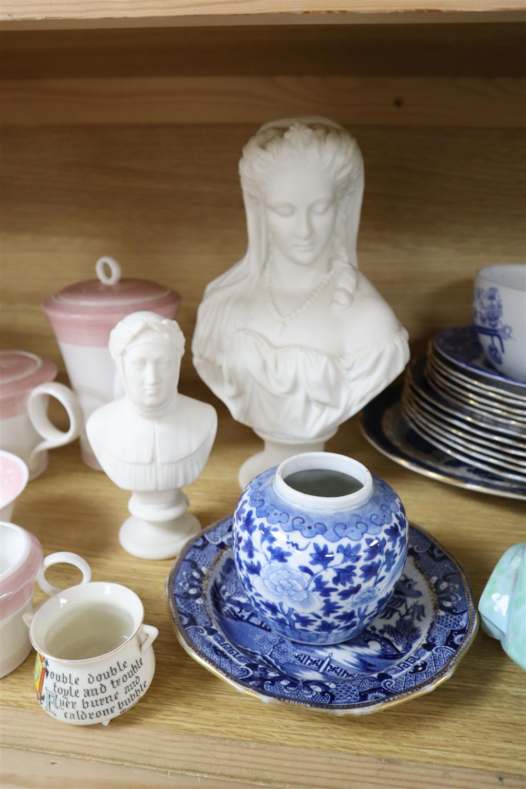 A quantity of mixed ceramics and glass including two Victorian parian portrait busts, Shelly part tea service, Booths Real Old Willow b